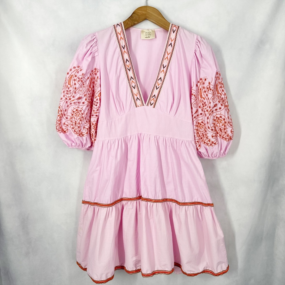 DX Collection Cotton 3/4 Sleeve Embroidered Pink Boho Mini Dress Size Large